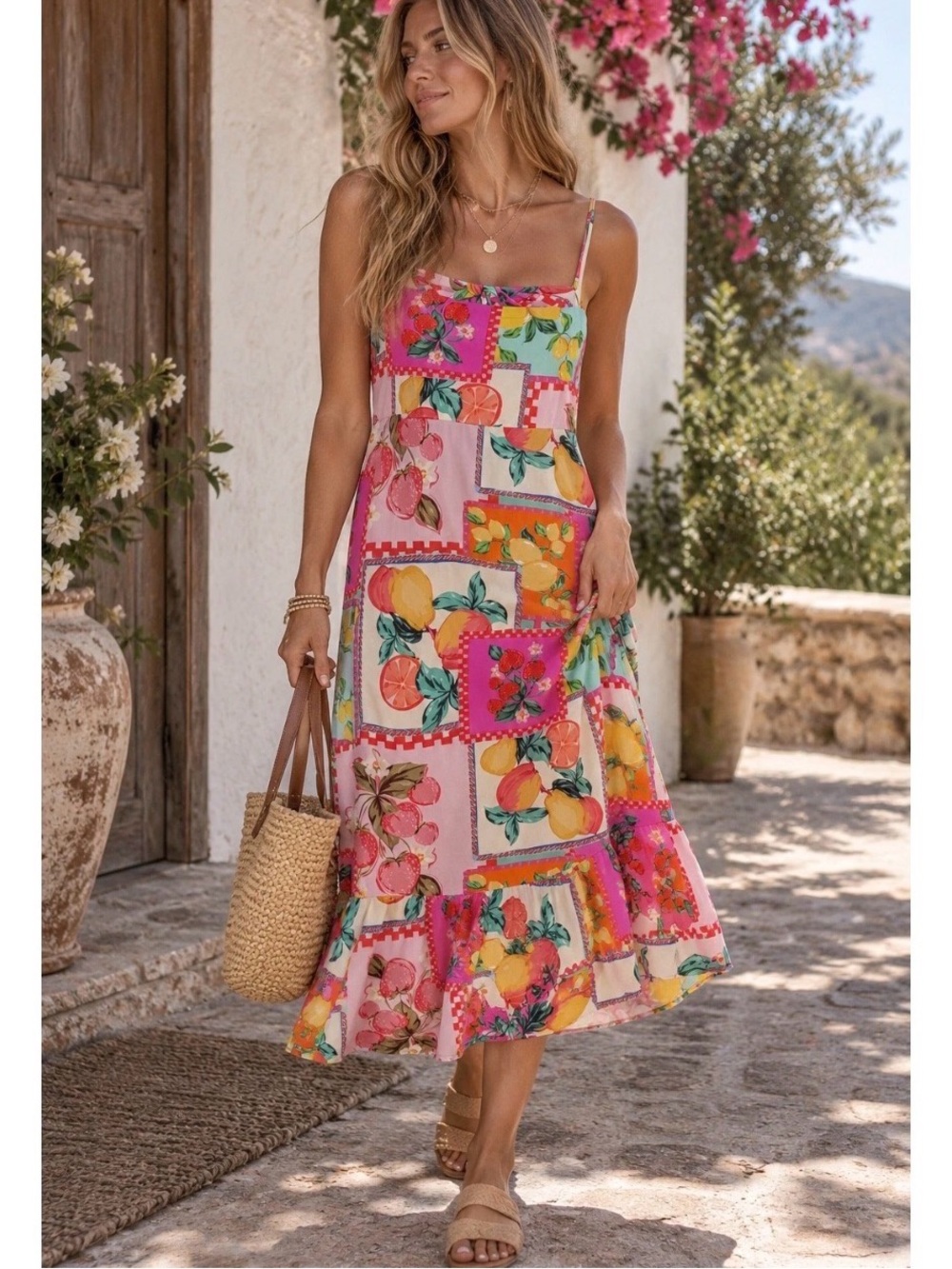 Paper heart fruit maxi dress L